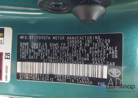 2010 Toyota Corolla Le из США, поврежденный, VIN 2T1BU4EE6AC294049